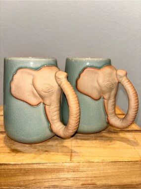Siam Celadon Elephant Mugs Wood Ash Glaze Hand Made in Thailand Trunk Handle Set